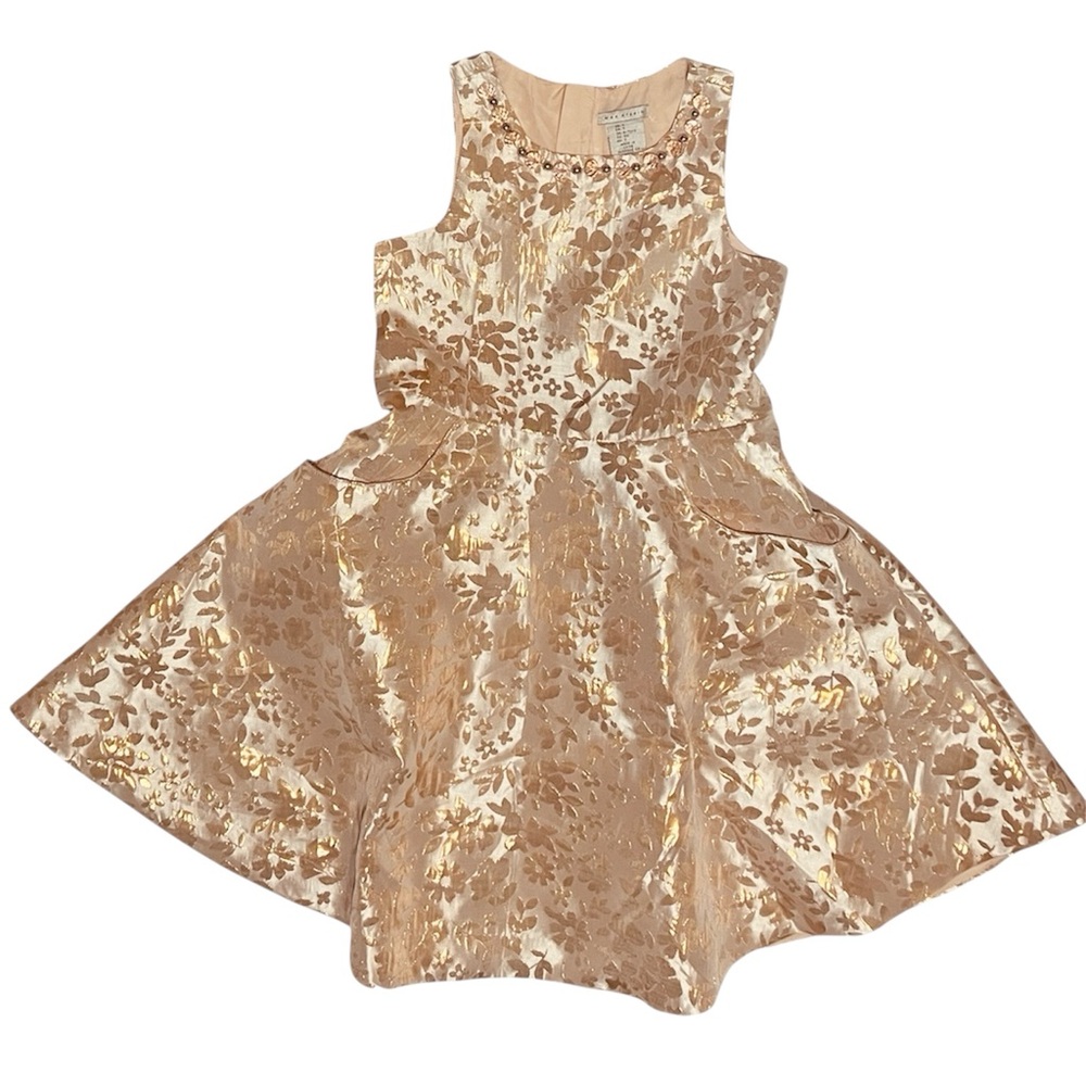 Max Studio Rose Gold Pink Dress Floral Print Beaded Scoop Neck Lined  Size 7